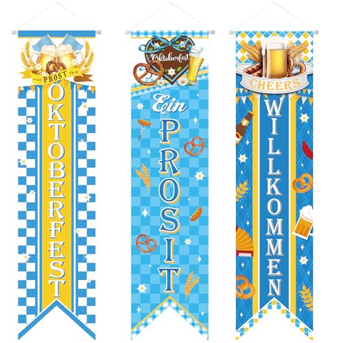 Image of Chiisong 3 Pieces Oktoberfest Party Decorations Bavarian Banners Oktoberfest Prosit Welcome Porch Signs Festival Hanging Backdrops for Home Bar German Party Indoor Outdoor Wall Door Decor