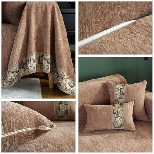 Housse de coussin en chenille marron pour protéger un grand canapé
