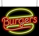 Burgers Neon Sign - Large Size - 24' wide x 18' high - Real, Quality Hand Bent Neon Sign - Red Letters with a Yellow Burger Bun Design