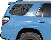 Vista 2 de Calcomanías de bandera de Estados Unidos con escena de montaña forestal al aire libre para Toyota 4Runner en negro mate para ventanas laterales