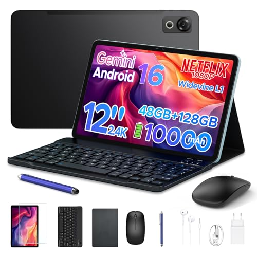 P12 Tablet Android 16, Tablet 12 Pulgadas, 48GB RAM+128GB ROM/2 TB TF, IPS 2,4K, Pantalla 120 Hz, 10000mAh/18W, WiFi 5G, T7280 Octa-core, 8MP+13MP, Gemini AI, Tableta con Teclado, Face ID, GPS, Negro