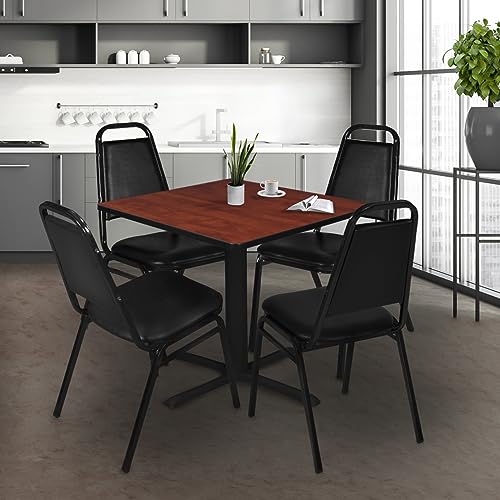 Image of Romig Pillar 48 in. Square X-Base Breakroom Table- Cherry & 4 Restaurant Stack Chairs- Black