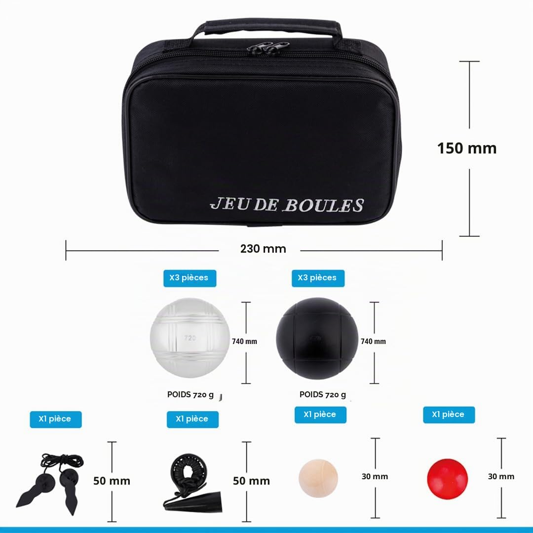 Engelhart Boules de Pétanque 6 Boules Métal 74 mm 720 g – 3 Noires et 3 Chromées avec Sac Nylon, Cochonnet, Cordon de Mesure et Ramasse-Boule Magnétique – Kit Extérieur Adulte – 010207 | Jeu complet 6 boules pour 2 joueurs avec boules noires/chromées, sac