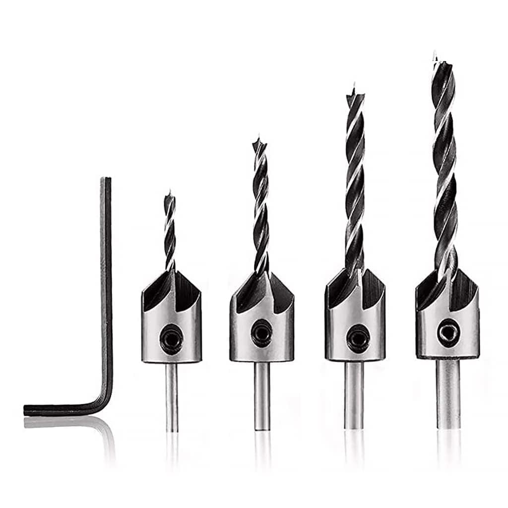 KP2® Drill Bit Set With Countersink Attachment Special Wooden Chamfer Tool For Drilling Screw With Head Counter On Wood Set, Brad Point Woodworking Hss Drill Bit (Pack Of 4)