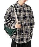 POHADON Fall Winter Plaid Flannel Shirts for Men Fashion Retro Button Down Shirts Jacket Y2k Trendy Shackets Korean Tops (Black,Medium)
