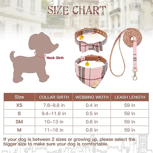Image of EXPAWLORER Dog Collar and Leash Set - Classic Plaid Dog Bow Tie and Bandana Collar with Bell, Dog Leash Tangle Free, Adjustable Collars for Puppy Small Dogs and Cats, Holiday Ideal Gift, Pink XS