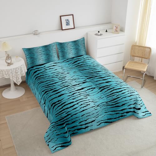 Image of Feelyou Kids Safari Zebra Stripes Comforter Set, Turquoise and Black Comforter for Toddler Boys Girls Wildlife Bedding Set Toddler Size Safari Animal Fur Duvet Set Microfiber Bed Set