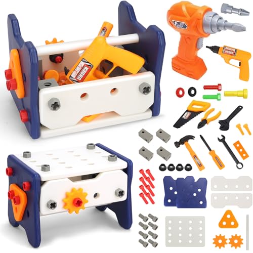 Kids Tool Set, 58 PCS Tool Kit w/ Electric Drill, STEM Montessori Educational Toys for 3+ Year Old, Toddler Take Apart Construction Real Toys for 3 4 5 6, Birthday Christmas Day Gifts for Boy Girl