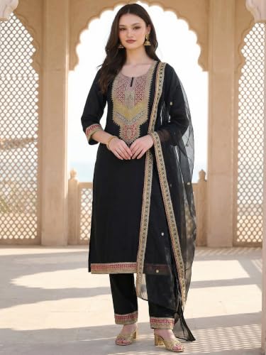 Image of INDO ERA Women's Maroon Silk Blend Embroidered A-Line Kurta & Pant With Dupatta Set (IESTR6990)