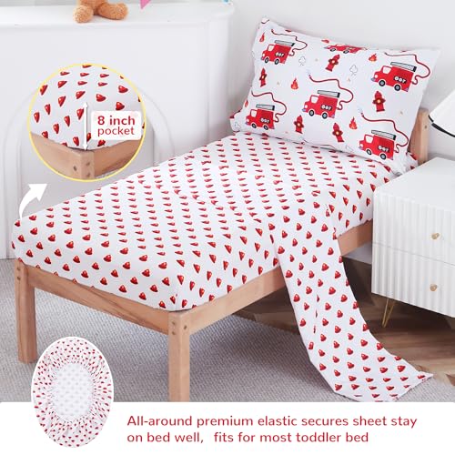 Image of Viviland Toddler Comforter Sets, 4 Pieces Bedding Sets, Fire Engine | Microfiber Truck Bed Set, Boys, Breathable & Soft, Comforter, Bed Sheet, Fitted Sheet and Pillowcase, Machine Washable