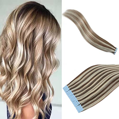 Tape in Hair Extensions Human Hair Extensiones 18inch Tape in Ombre Light Brown and Blonde with bleach Blonde 50g 20pcs Highlights Straight Real Human Hair Tape in Extensions Silky Straight Remy Tape in Hair Extensions for Women Full Head