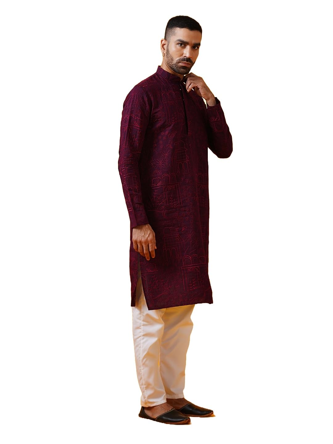 Sojanya (Since 1958 Men's Cotton Silk Kantha Thread Embroidered Wine Kurta With White Pyjama