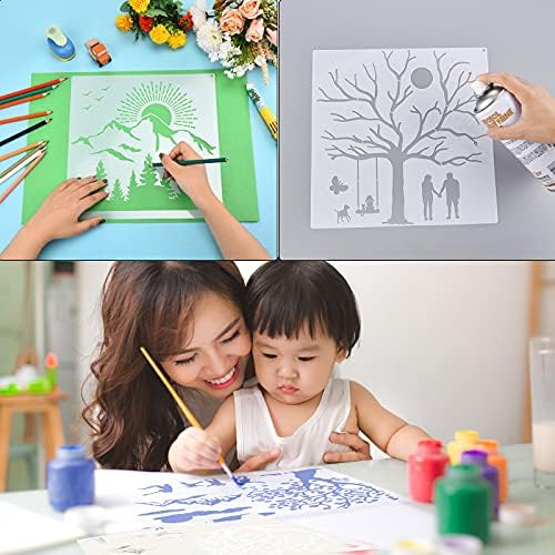 9 Pieces Forest Landscape Stencil Mountains Rivers Stencils Reusable Human Nature Templates DIY Elephant Animal Drawing Template with Metal Open Ring for Painting on Wood Wall Decor