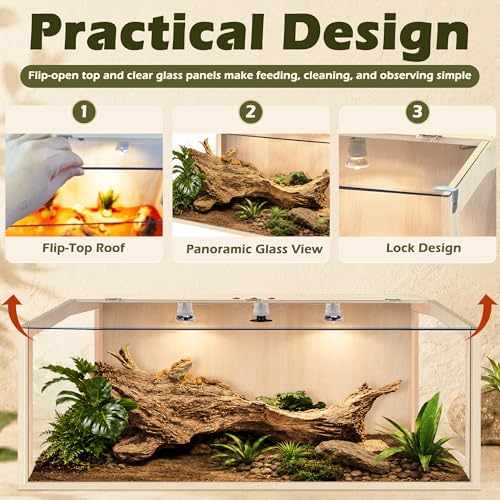 Image of PROLEE Bearded Dragon Tank, Lizard Tank with Clear Tempered Glass, Anti-Scratch Reptile Enclosure, Reptile Tank Built-in Light Fixtures with Switch (48X20X20inch,80 Gallons)