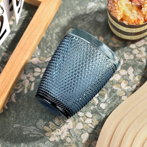 Joeyan Blue Drinking Glasses,Embossed Hobnail Beaded Water Tumbler Glasses,Colored Bubble Glass Cups,Glassware Set for Cocktail Soda Juice Beverage,10 oz,Set of 6,Dishwasher Safe