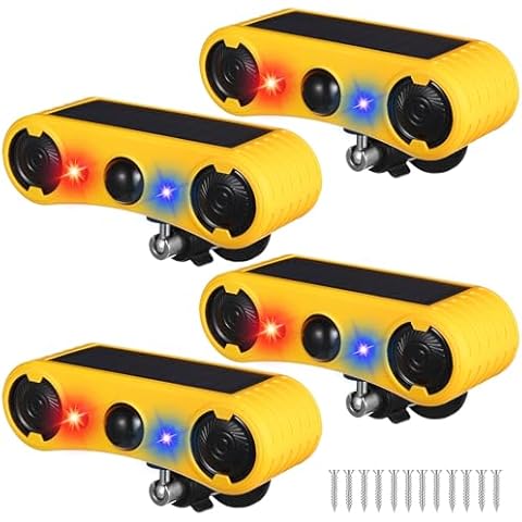 Qualirey Solar Outdoor Motion Sensor Alarm 2 x 129db Loud Noise Maker 13 Sound Detector Strobe Light, 4 Modes Animal Deterrent Dog Barking Alarm Mount on Ground or Fence for Garden Yard(4 Pack) Cover