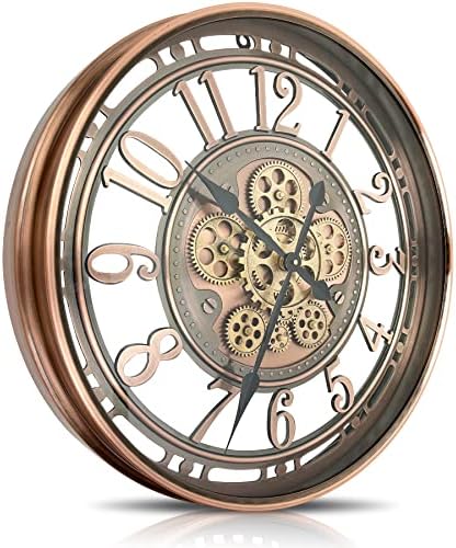 DORBOKER Real Moving Gears Wall Clock Large Modern Metal Clocks for Living Room Decor, Industrial Steampunk Unique Vintage Rustic Decorative Clock for Home Farmhouse Office, 21 Inch Red Copper Arabic