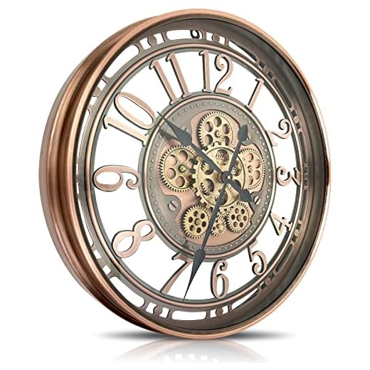 DORBOKER Real Moving Gears Wall Clock Large Modern Metal Clocks for Living Room Decor, Industrial Steampunk Unique Vintage Rustic Decorative Clock for Home Farmhouse Office, 21 Inch Red Copper Arabic