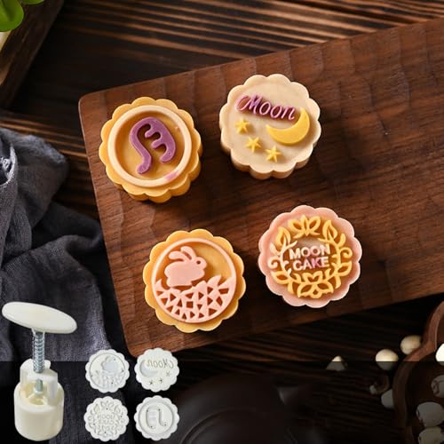 50g Mooncake Mould Embosser Stamp,Hand Pressure Flower Cookie Cutters with 4 Stapms,DIY Cookie Cutter Fondant Cupcake Cake Baking Decoration(Style 5)