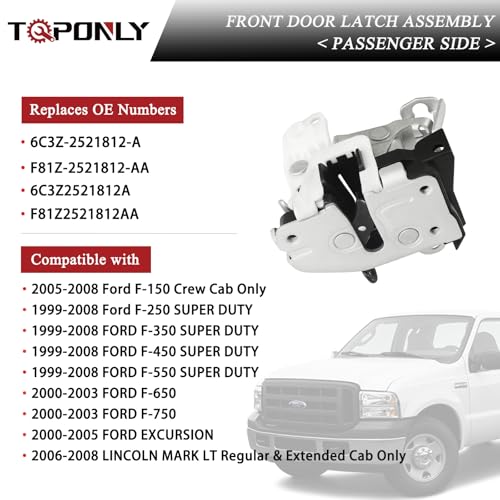 Image of TQPONLY Door Lock Latch Assembly | Compatible with 1999-2008 Ford F150 F250 F350 F450 F550 F650 F750 Excursion Lincoln Mark LT | Front Right Passenger Side Replaces 6C3Z-2521812-A F81Z-2521812-AA
