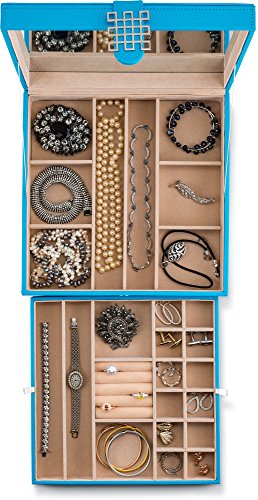 Glenor Co Jewelry Box - 28 Section Classic Organizer with Modern Buckle Closure, Large Mirror & 2 Trays for Women Teens and Girls - Holder for Earring Ring Necklace Bracelet & Watch -PU Leather - Blue - Thumbnail 2