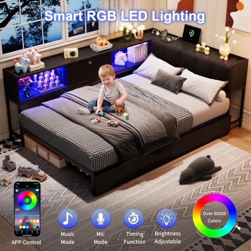 Feonase Twin Corner Bed Frame with Storage Drawers and Bookcase Hidden Headboard, Charging Station and RGB Led Lights, L-Shape Upholstered Daybed Twin Size Metal Platform Bed for Kids, Black by Feonase - Used condition - Image 3