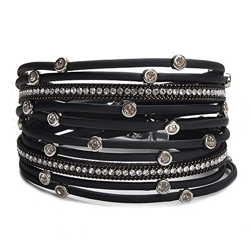 TASBERN Women Leather Wrap Bracelet in Goldplated Metallic Crescents and Crystal Cuff Jewelry for Ladies Girls (TAS012-Black)