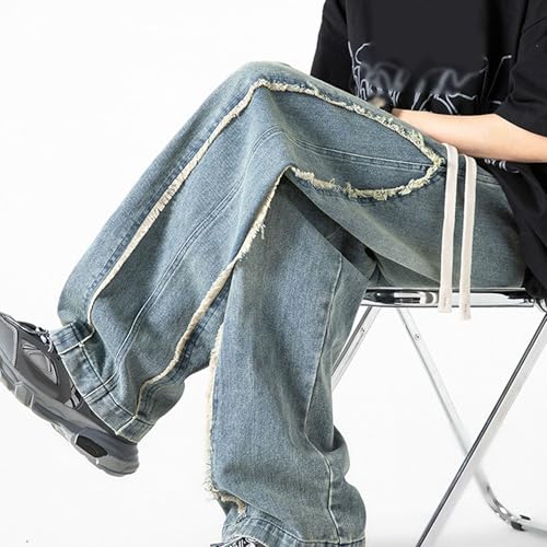 DGHM-JLMY Men's Regular Fit Straight Leg Jeans Retro Fashion Patchwork Jeans Casual Drawstring Elastic Waist Denim Pants4