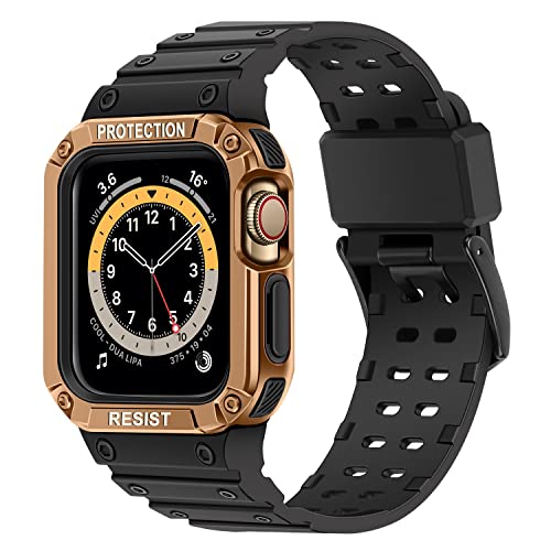 Tasikar Compatible avec Bracelet Apple Watch 45mm 44mm 42mm avec Coque, Bracelets Sportives Rugged avec Étui de Protection Surélevé [Shock-Absorption] Pour iWatch Série 8 SE 7 6 5 4 3 2 1,Or Rose-Noir Cover