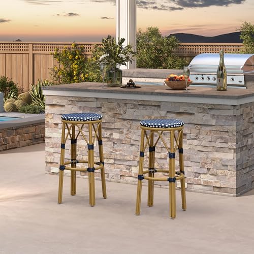 Image of PURPLE LEAF Outdoor Round Bar Height Stool Set of 2 Patio Backless Barstools Aluminum Frame in Bamboo Finish with Navy Blue & White Woven Rattan for Indoor Kitchen Dining Bistros Cafe Restaurant