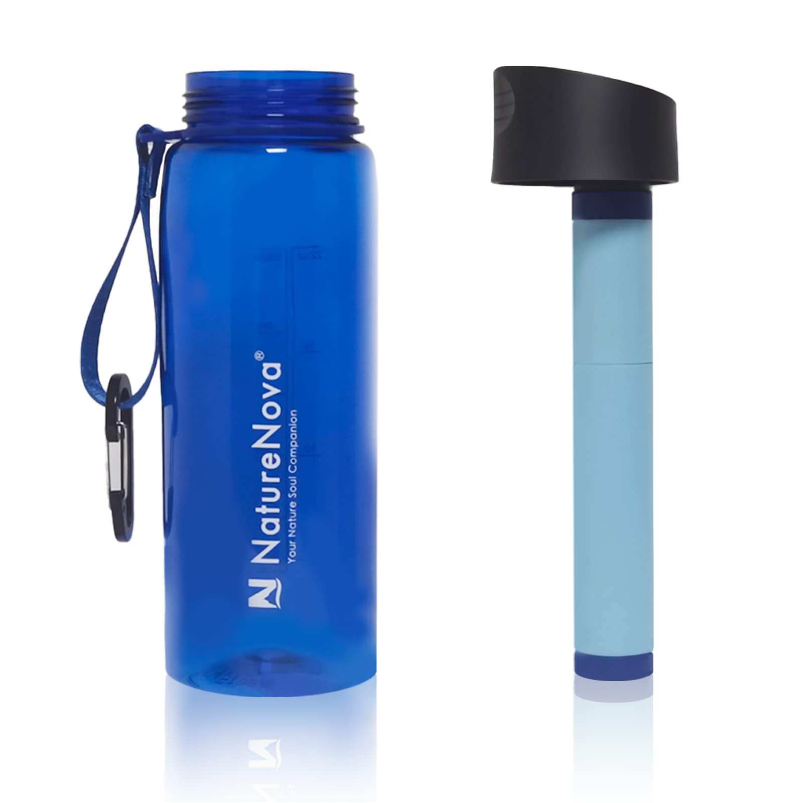 Botella de filtro de agua con filtro integrado de 4 etapas sin BPA para camping, senderismo, mochilero, emergencia y viajes, paquete de 2 unidades, negro/azul, 650 ml
