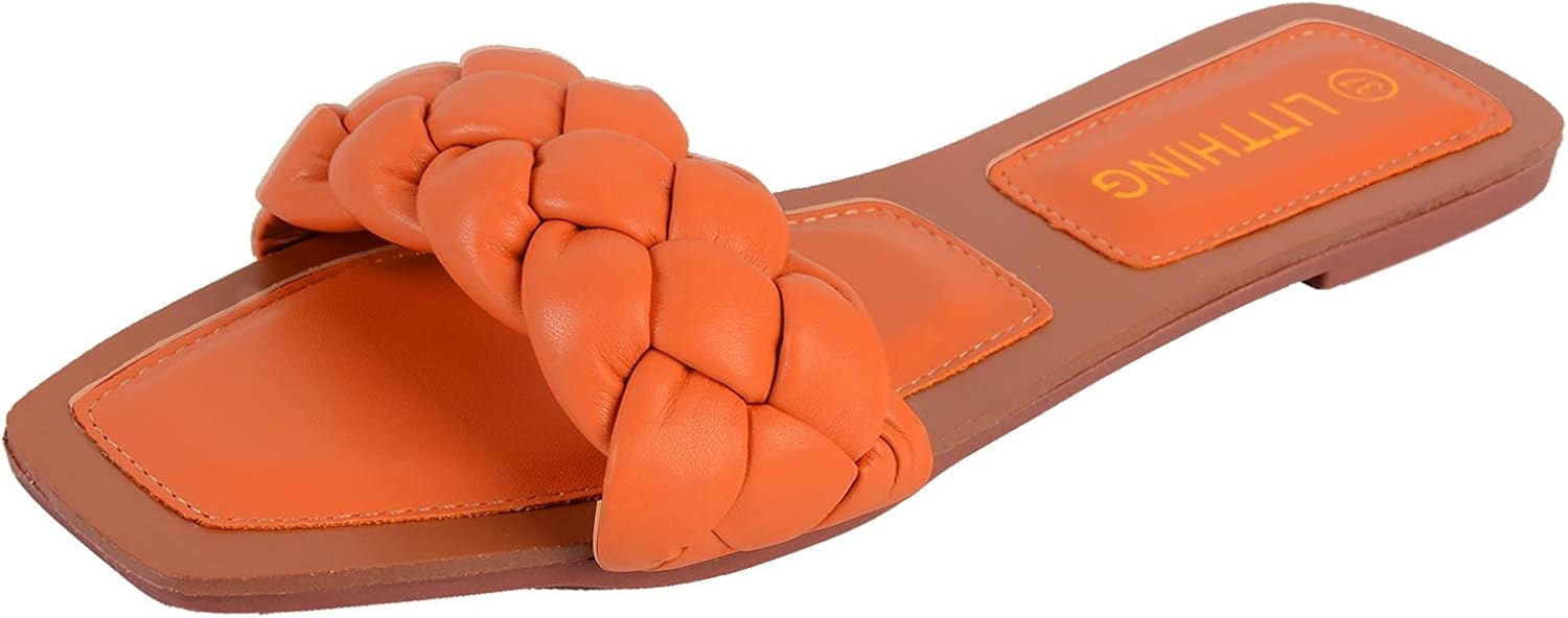 Litthing Women's Square Toe Sandals Women Summer Sandals Slippers Open Weave Flats Slip On Cute Sandals for Women Casual Summer Vacation Essentials