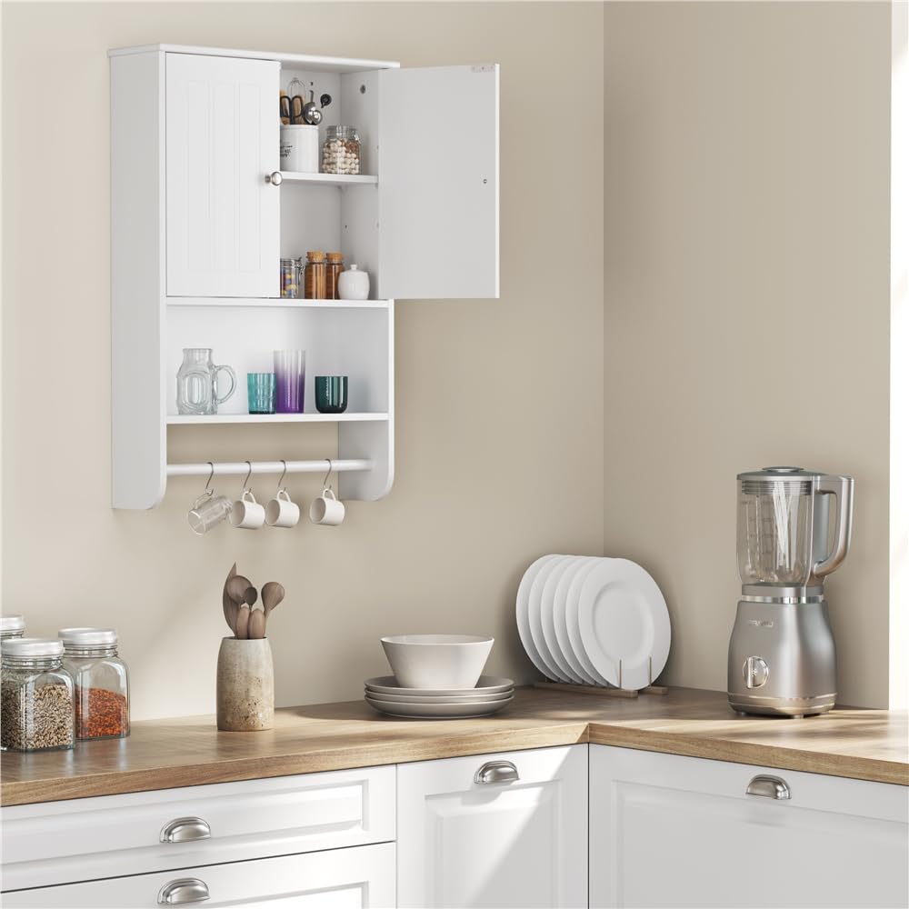 Yaheetech Armoire Murale Suspendus de Salle de Bain 48,5 × 14 × 73 cm, Armoire de Toilette avec Étagère Réglable, 2 Portes/Compartiment Ouvert/Porte-Serviette Blanc