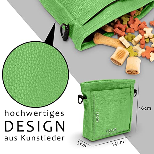 Ostfriesenpfoten® Leckerlibeutel 'Frieda' für Hunde aus hochwertigem Kunstleder - Grün Größe M - Futterbeutel mit EasyOpen Einhandmagnetverschluss - Gassitasche für Hunde-Leckerli