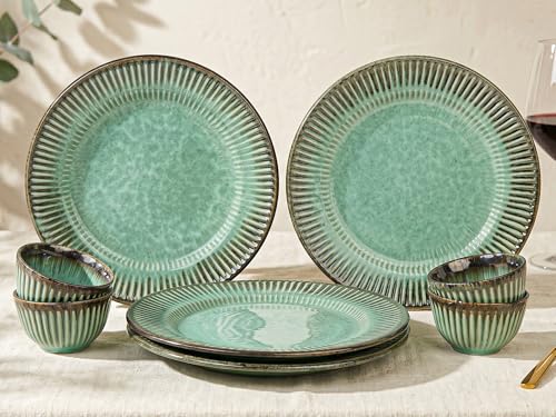 Image of Bodhi House Premium 8-Piece Stoneware Dinner Set Serving for 4 - Handcrafted Ceramic Plates, Bowls & Serving Bowls | Microwave & Dishwasher Safe | Elegant Modern Tableware Crockery Turquoise Green
