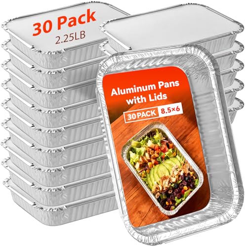 Aluminum Foil Pans with Lids - 2.25 LB Food Containers Disposable Tin Foil Meal Prep Containers with Lids, 50 Pans and 50 Cardboard Covers for Baking, Freezer & Food Storage, 8.5" X 6" (30 Pack)