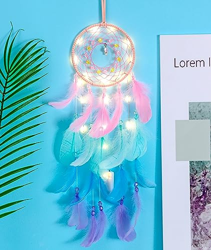 Hongyans Traumfänger mit LED Licht Handgefertigt Dreamcatcher mit Federn Böhmen Dekoration für Schlafzimmer Hochzeit Wandbehang Ornament Mädchen Kinder Geschenk