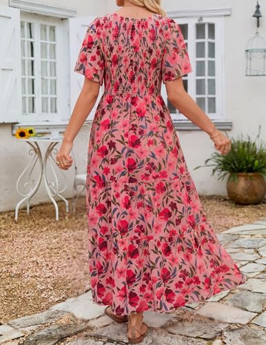 Image of ZESICA Women's 2026 Summer Boho Floral Maxi Dresses Casual Short Flutter Sleeve Smocked Tiered Flowy Dress