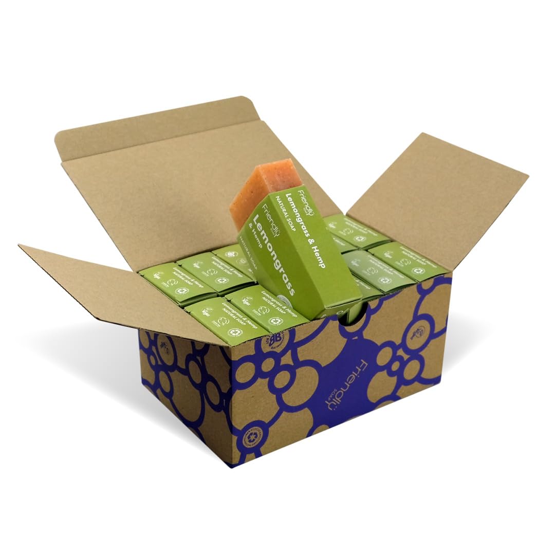 Friendly Soap - Lemongrass Natural Soap (12 x 95g), Plant-Based, Cruelty-Free, Made by Hand, No Preservatives or Sulphates, Recycled & Recyclable, Palm Oil Free, Cruelty Free, Essential Oils