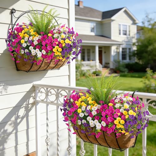 Image of Artificial Flowers Fake Plants for Outdoors Decoration, 12 Bundles Silk Morning Glory with Boston Fern Realistic UV Resistant Faux Flowers for Outside Planter Yard Patio Garden Home Indoor Urn