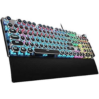 AULA F2088 Typewriter Style Mechanical Gaming Keyboard Wired,Blue Switches,Rainbow LED Backlit,Removable Wrist Rest,Media Control Knob,Retro Punk Round Keycaps,USB Wired Computer Keyboard