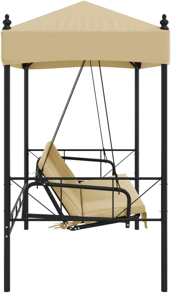 vidaXL Patio Swing Bench with Canopy – Outdoor Garden Furniture, 2-in-1 Chair/Bed, Sand Color, Powder-Coated Steel Frame, Cushioned Seat