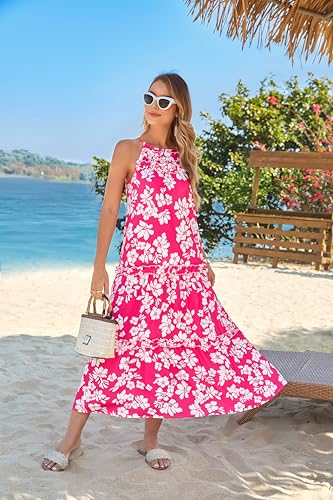 Image of GRACE KARIN 2026 Women's Floral Halter Maxi Dress Boho Summer Beach Sundress with Tiered Ruffle Skirt