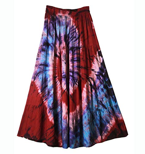 Tie Dye Comfort Maxi Long Skirt Bohemian Gypsy Elastic Waist Handmade Plus Size (Maroon)