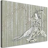 Feeby Cuadro en Lienzo 45x30 cm Geisha Abstracto Flor de cerezo 1 Pieza Impresión en Material Tejido no Tejido Modernos Artística Imagen Decoración De Pared Salon Dormitorio Acuarela Japón Gris