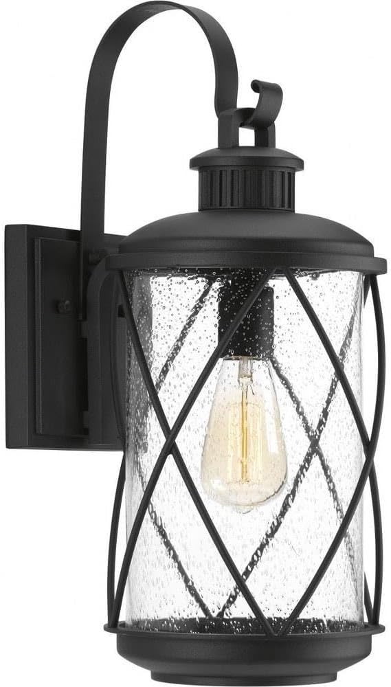 Progress Lighting Hollingsworth Collection 1-Light Clear Seeded Glass Farmhouse Outdoor Medium Wall Lantern Light Textured Black