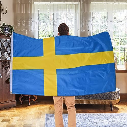 Image of AhfuLife 2 Pcs Swedish flag Sweden Flag 3x5 Ft, Large Swedish National Flags for Outside - Double Side with Brass Eyelets for Olympic Party Decorations, Bar Garden Street Decoration Indoor Outdoor