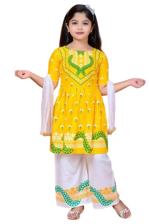 Image of Girls' Traditional Printed Kurti with Palazzo and Dupatta Set, Pink and White, Floral Design
