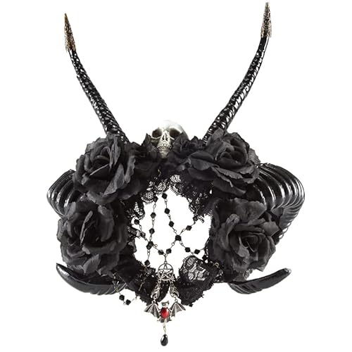 Gothic Antelope Horns Headband Skull Flowers Halloween Witch Demon Crowns Fancy Dress (Black) #TOP7