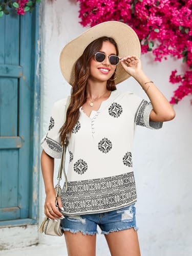 GUNEST Womens Boho Blouses Flower V Neck Short Sleeve Chic Lightweight Flowy Button Up Blouse Beige S — view 4